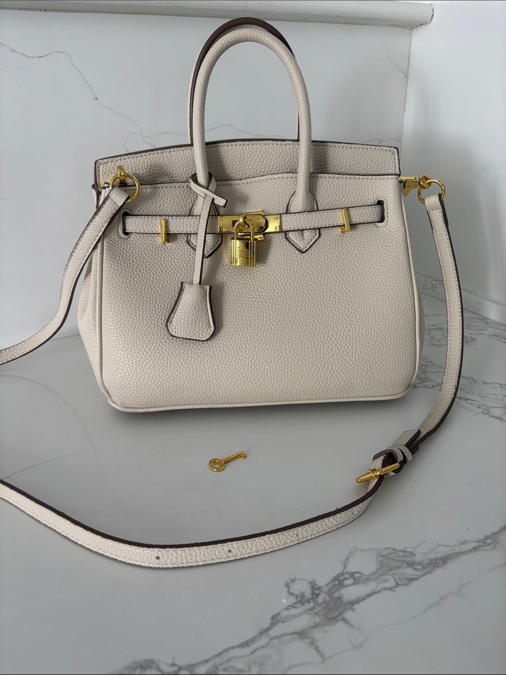 Cream Leather Satchel Handbag with Gold Hardware